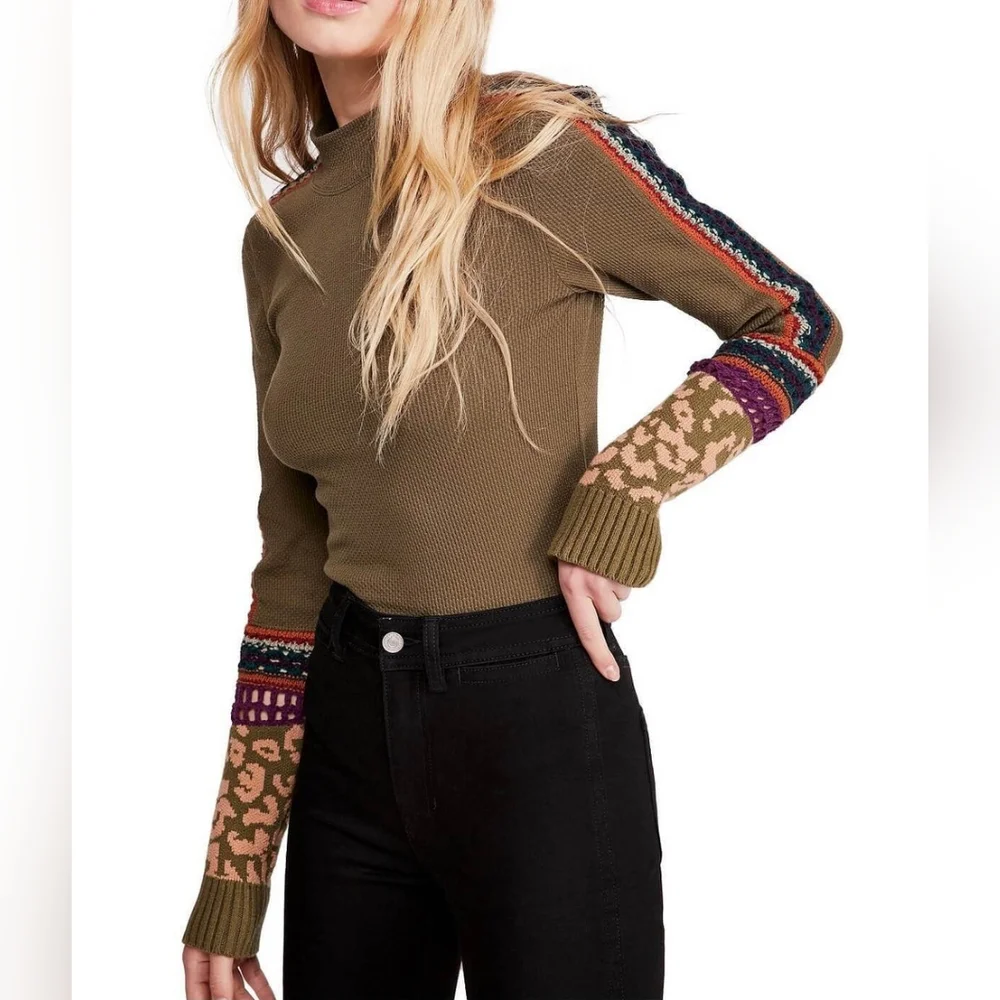 Free People Switch It Up Cuff Thermal Shirt Green Multi-color‎ Size XS